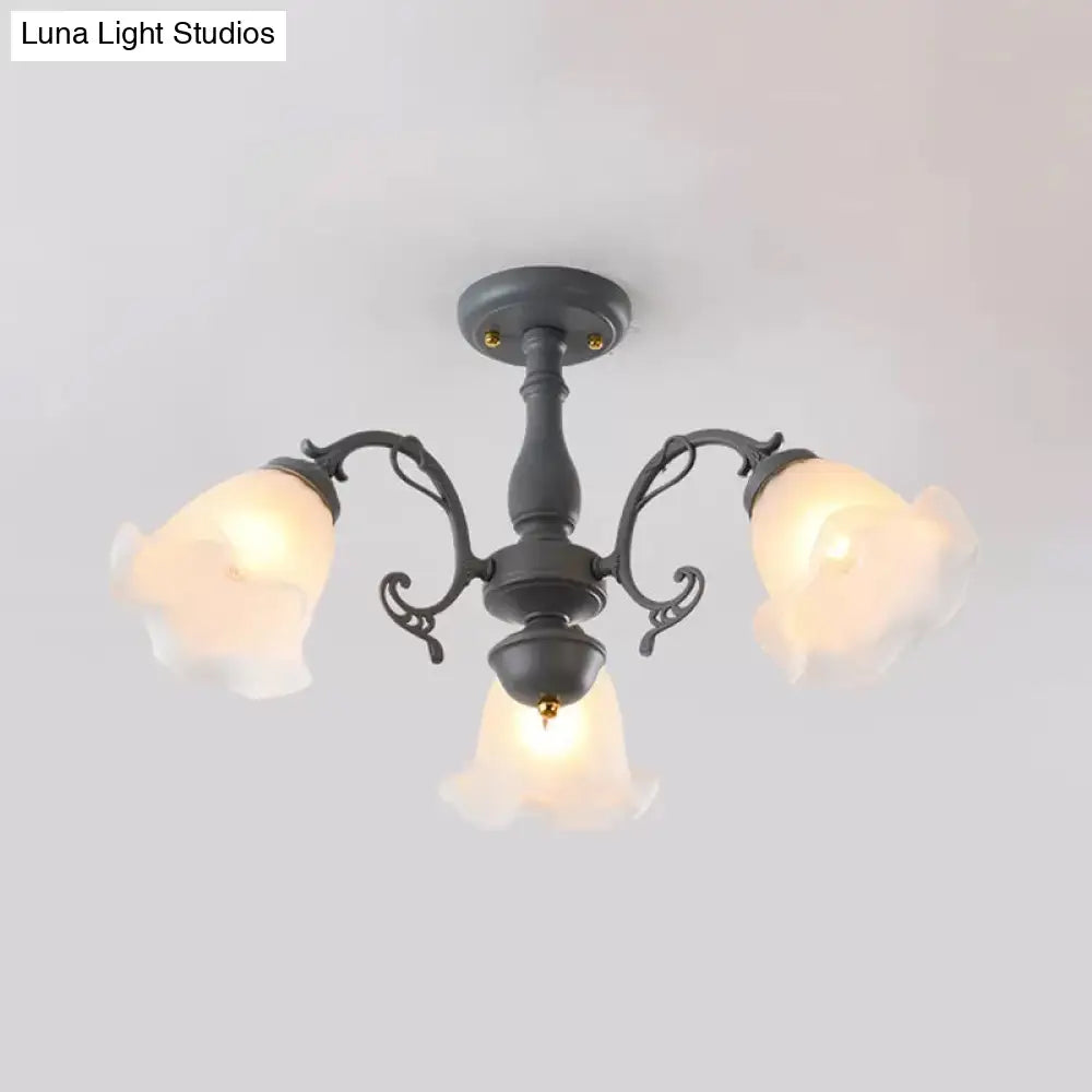DecorBites™ DecorBites™ Adjustable Semi Flush American Flower Chandelier - 3/5 Bulbs, Ruffled Design, Grey/Blue/Green Matte Glass