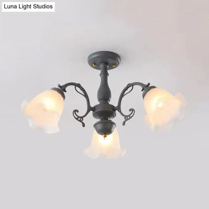 DecorBites™ DecorBites™ Adjustable Semi Flush American Flower Chandelier - 3/5 Bulbs, Ruffled Design, Grey/Blue/Green Matte Glass