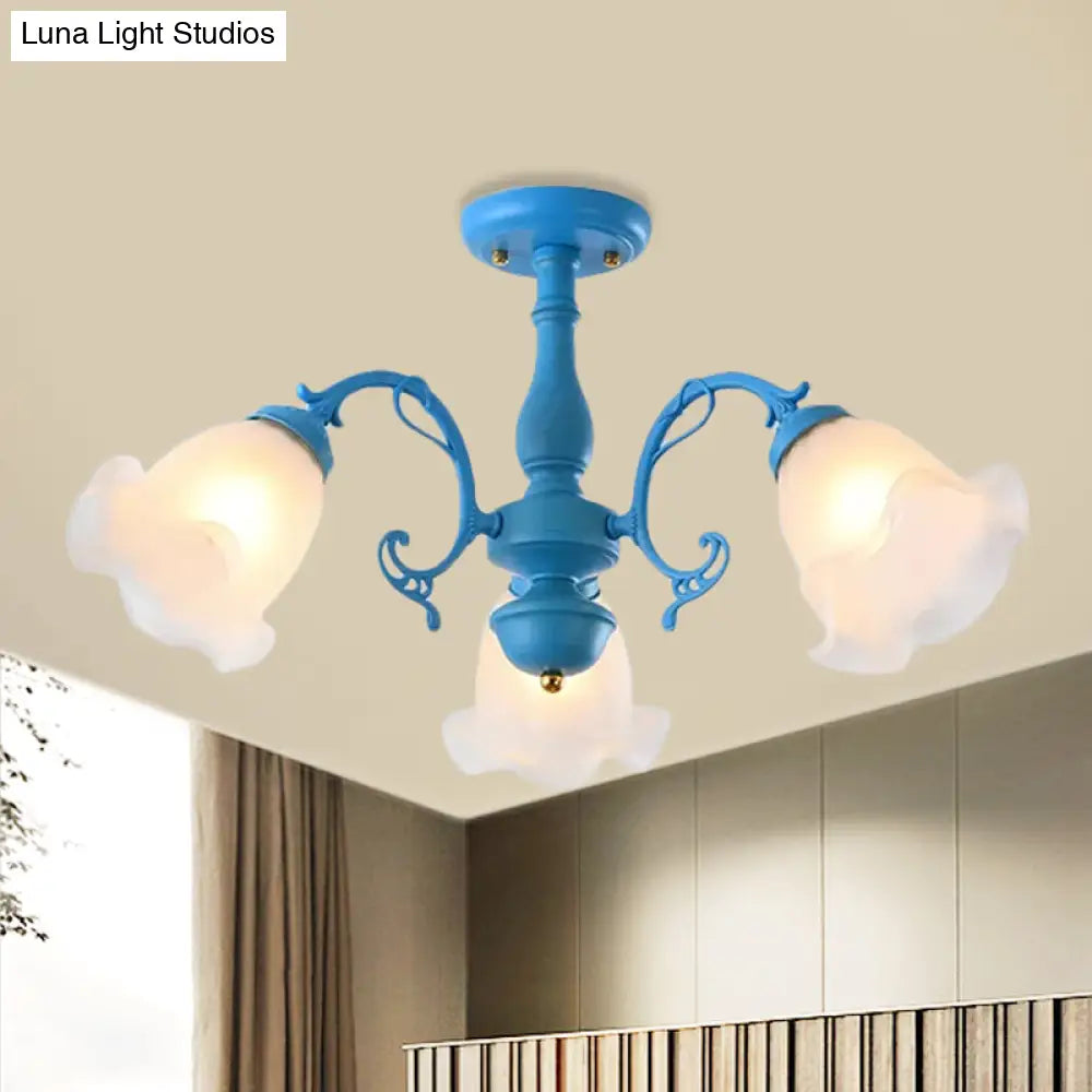DecorBites™ DecorBites™ Adjustable Semi Flush American Flower Chandelier - 3/5 Bulbs, Ruffled Design, Grey/Blue/Green Matte Glass