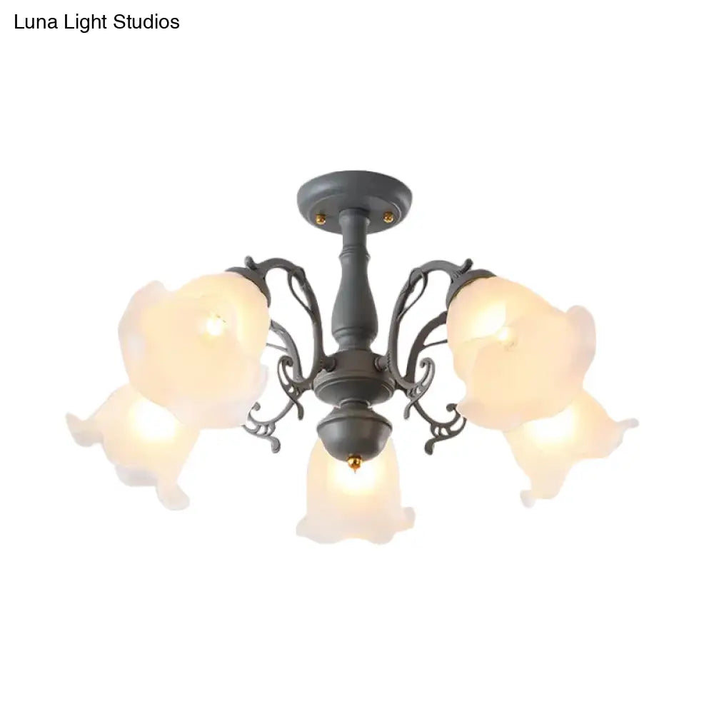 DecorBites™ DecorBites™ Adjustable Semi Flush American Flower Chandelier - 3/5 Bulbs, Ruffled Design, Grey/Blue/Green Matte Glass