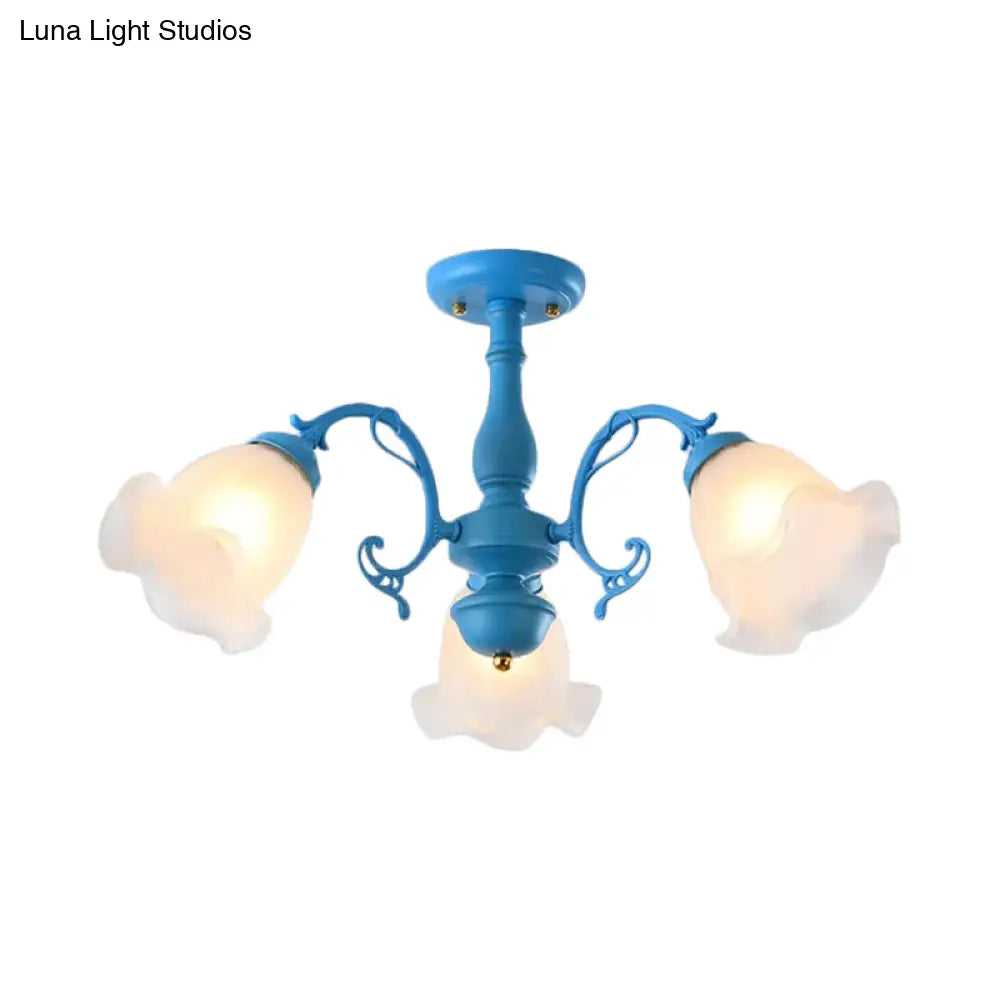 DecorBites™ DecorBites™ Adjustable Semi Flush American Flower Chandelier - 3/5 Bulbs, Ruffled Design, Grey/Blue/Green Matte Glass