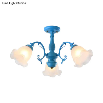 DecorBites™ DecorBites™ Adjustable Semi Flush American Flower Chandelier - 3/5 Bulbs, Ruffled Design, Grey/Blue/Green Matte Glass