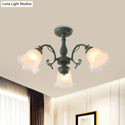 DecorBites™ DecorBites™ Adjustable Semi Flush American Flower Chandelier - 3/5 Bulbs, Ruffled Design, Grey/Blue/Green Matte Glass