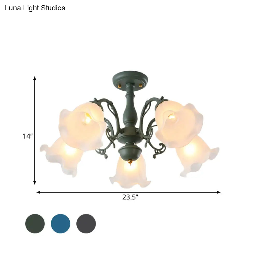 DecorBites™ DecorBites™ Adjustable Semi Flush American Flower Chandelier - 3/5 Bulbs, Ruffled Design, Grey/Blue/Green Matte Glass
