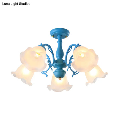 DecorBites™ DecorBites™ Adjustable Semi Flush American Flower Chandelier - 3/5 Bulbs, Ruffled Design, Grey/Blue/Green Matte Glass
