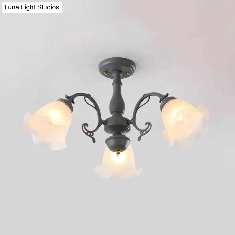 DecorBites™ DecorBites™ Adjustable Semi Flush American Flower Chandelier - 3/5 Bulbs, Ruffled Design, Grey/Blue/Green Matte Glass