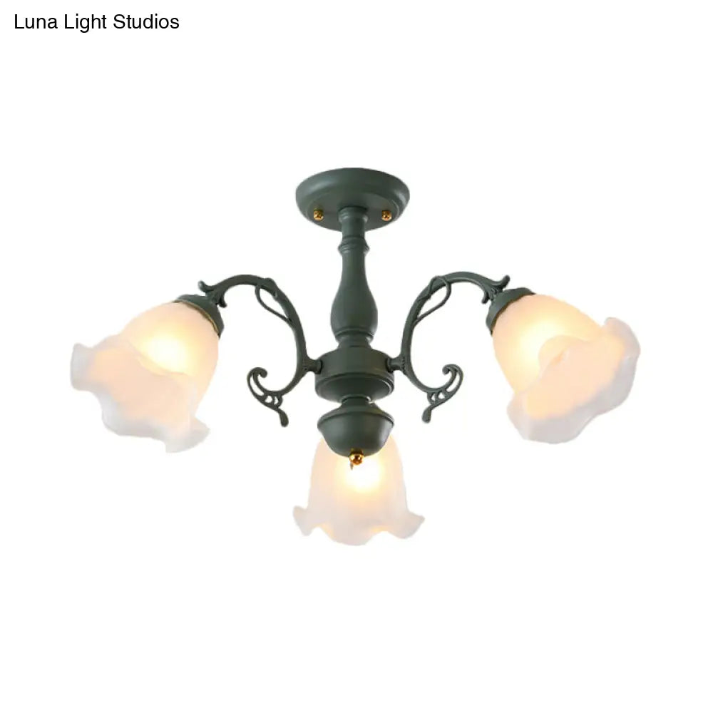 DecorBites™ DecorBites™ Adjustable Semi Flush American Flower Chandelier - 3/5 Bulbs, Ruffled Design, Grey/Blue/Green Matte Glass