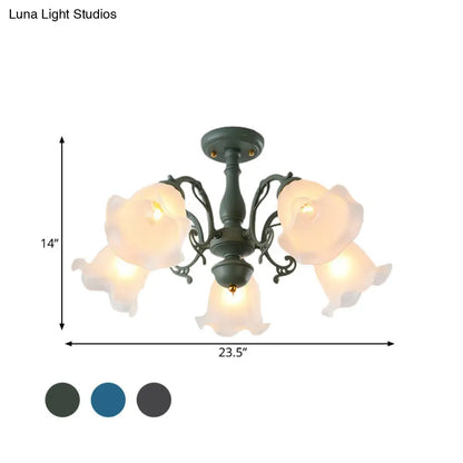 DecorBites™ DecorBites™ Adjustable Semi Flush American Flower Chandelier - 3/5 Bulbs, Ruffled Design, Grey/Blue/Green Matte Glass