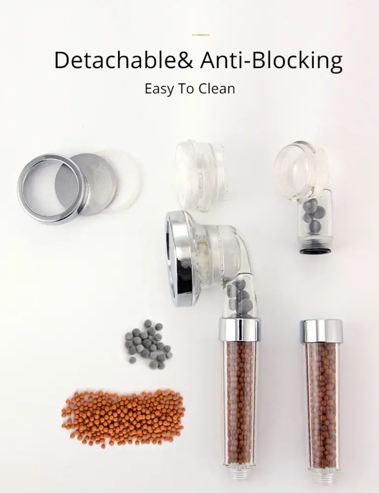 Adjustable shower head with chrome accents featuring detachable anti blocking design and ceramic bead filter tubes