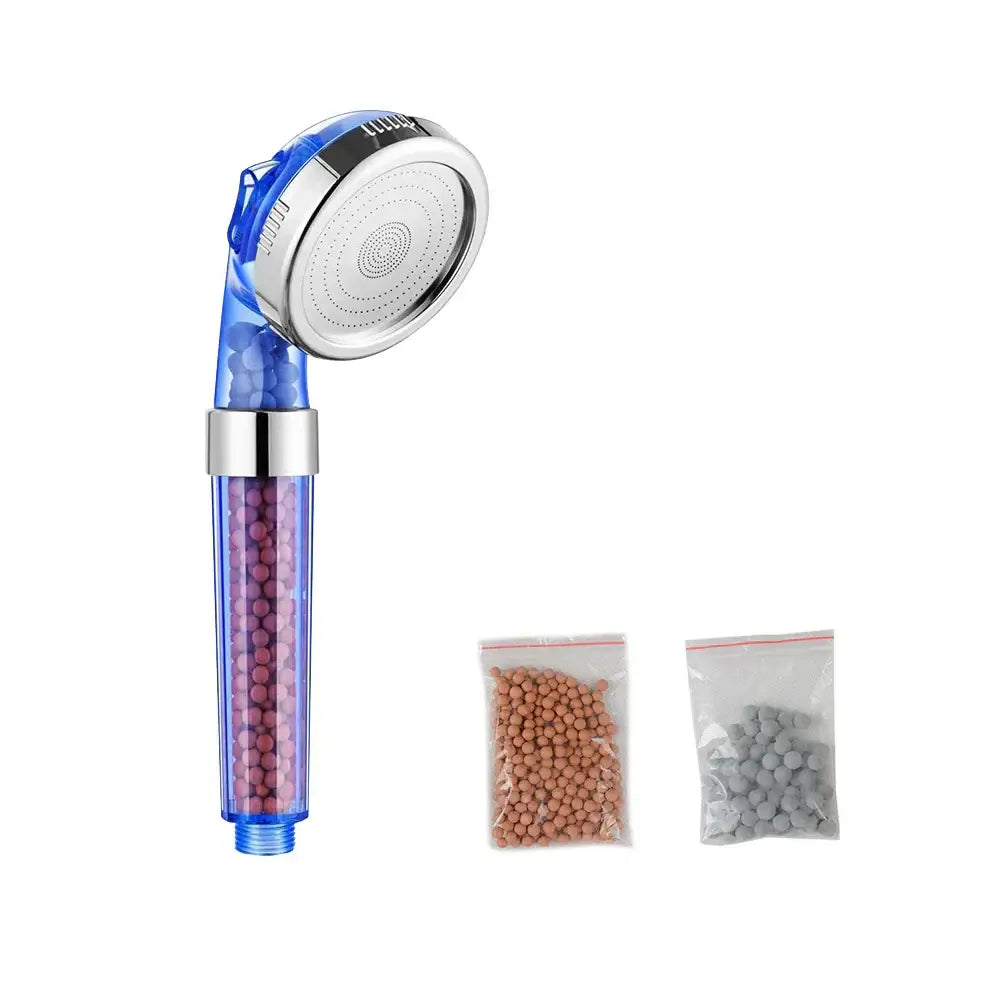 Adjustable blue transparent shower head with chrome accents and visible filter beads for bathroom use