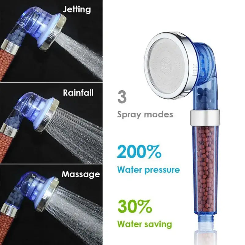 Adjustable shower head with blue transparent housing, chrome accents, and visible red filter beads for bathroom use