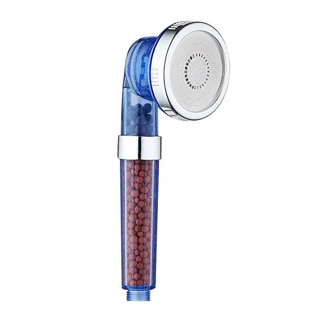 Adjustable shower head with blue transparent housing, chrome accents, and visible reddish-brown filter beads inside