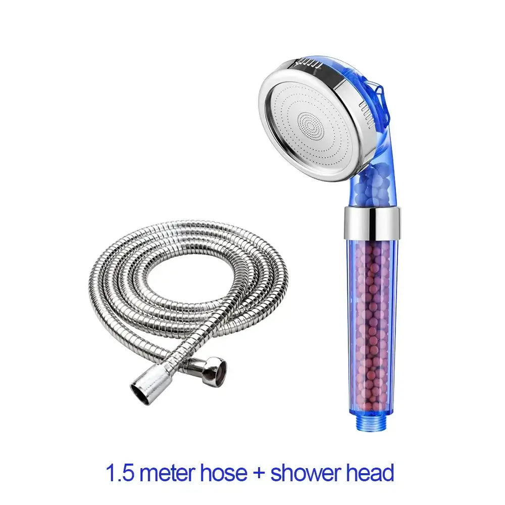Adjustable shower head with blue transparent body purple filter beads and chrome accents for bathroom use