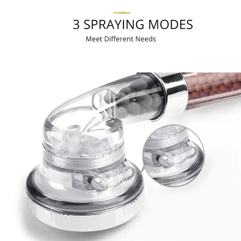Adjustable shower head with clear plastic and chrome accents featuring internal bead chambers for spray adjustment