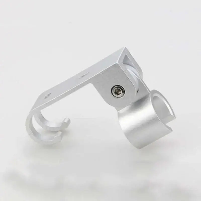 Adjustable silver aluminum shower head holder with curved hook and cylindrical clamp for bathroom wall use