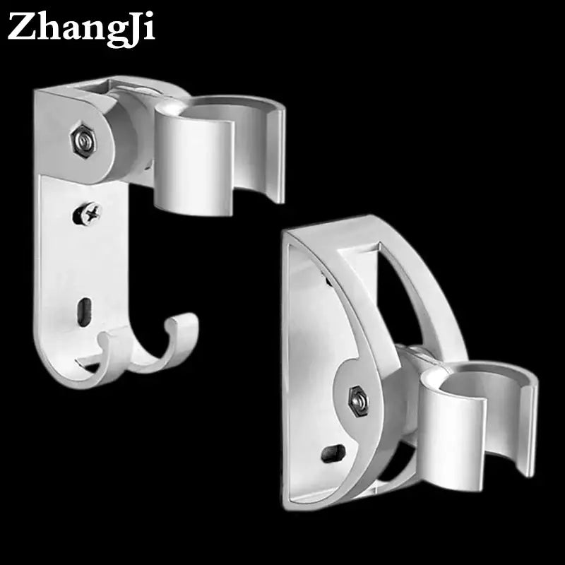 Silver metallic wall-mounted adjustable aluminum shower head holder with hook and clamp for bathroom use