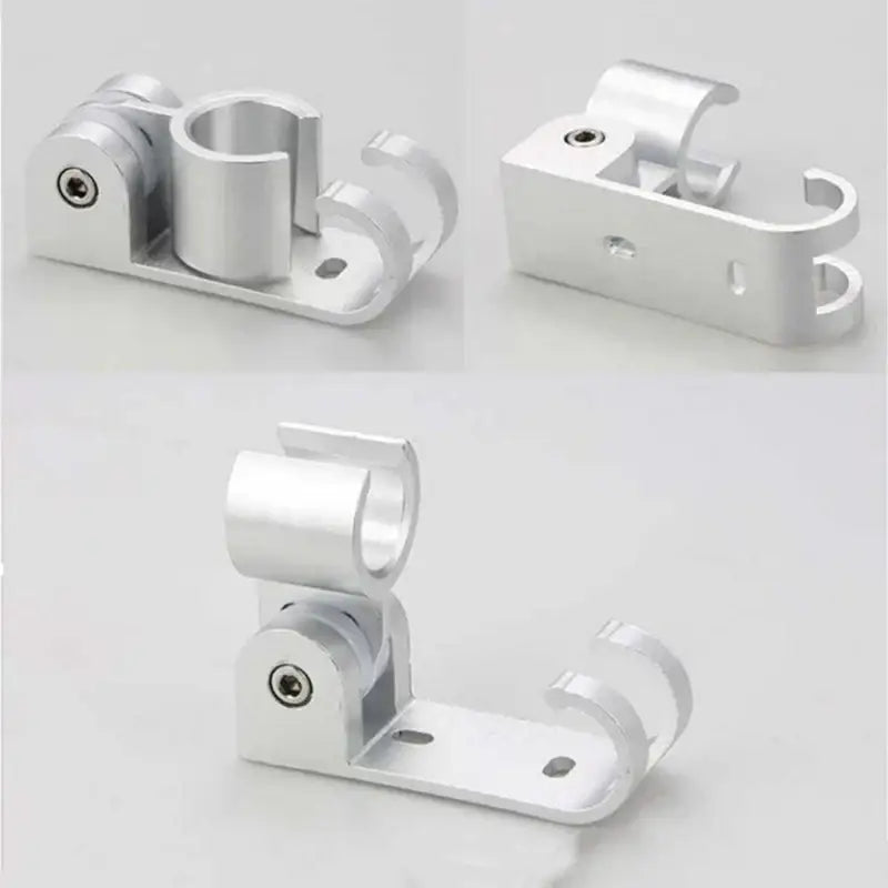 Adjustable silver aluminum shower head holder with cylindrical mounting hole and curved hook design for wall use