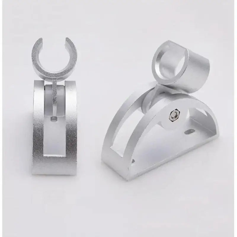 Adjustable silver aluminum shower head holder with curved hook and wall-mounted bracket for secure shower head support