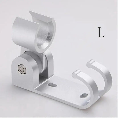 Adjustable silver aluminum shower head holder with swivel joint and two curved hooks for bathroom wall mounting