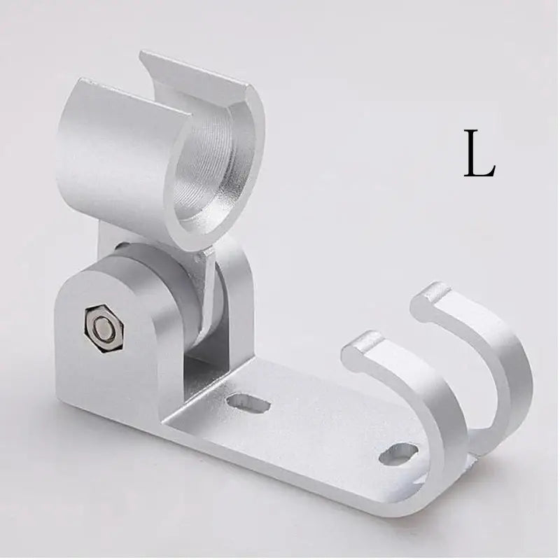 Adjustable silver aluminum shower head holder with swivel joint and two curved hooks for bathroom wall mounting