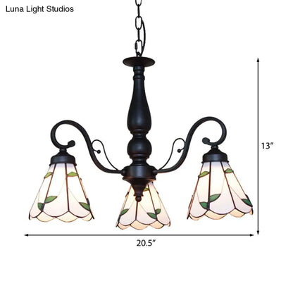 Lámpara de araña cónica ajustable de vitral con luz colgante tradicional - 3 luces y detalles de rombos/hojas en color beige