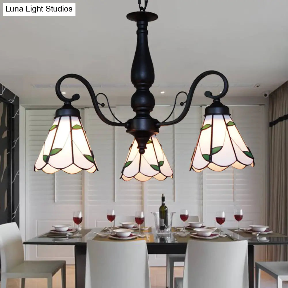 Lámpara de araña cónica ajustable de vitral con luz colgante tradicional - 3 luces y detalles de rombos/hojas en color beige