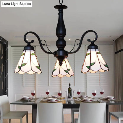 Lámpara de araña cónica ajustable de vitral con luz colgante tradicional - 3 luces y detalles de rombos/hojas en color beige