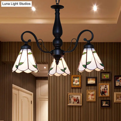 Lámpara de araña cónica ajustable de vitral con luz colgante tradicional - 3 luces y detalles de rombos/hojas en color beige