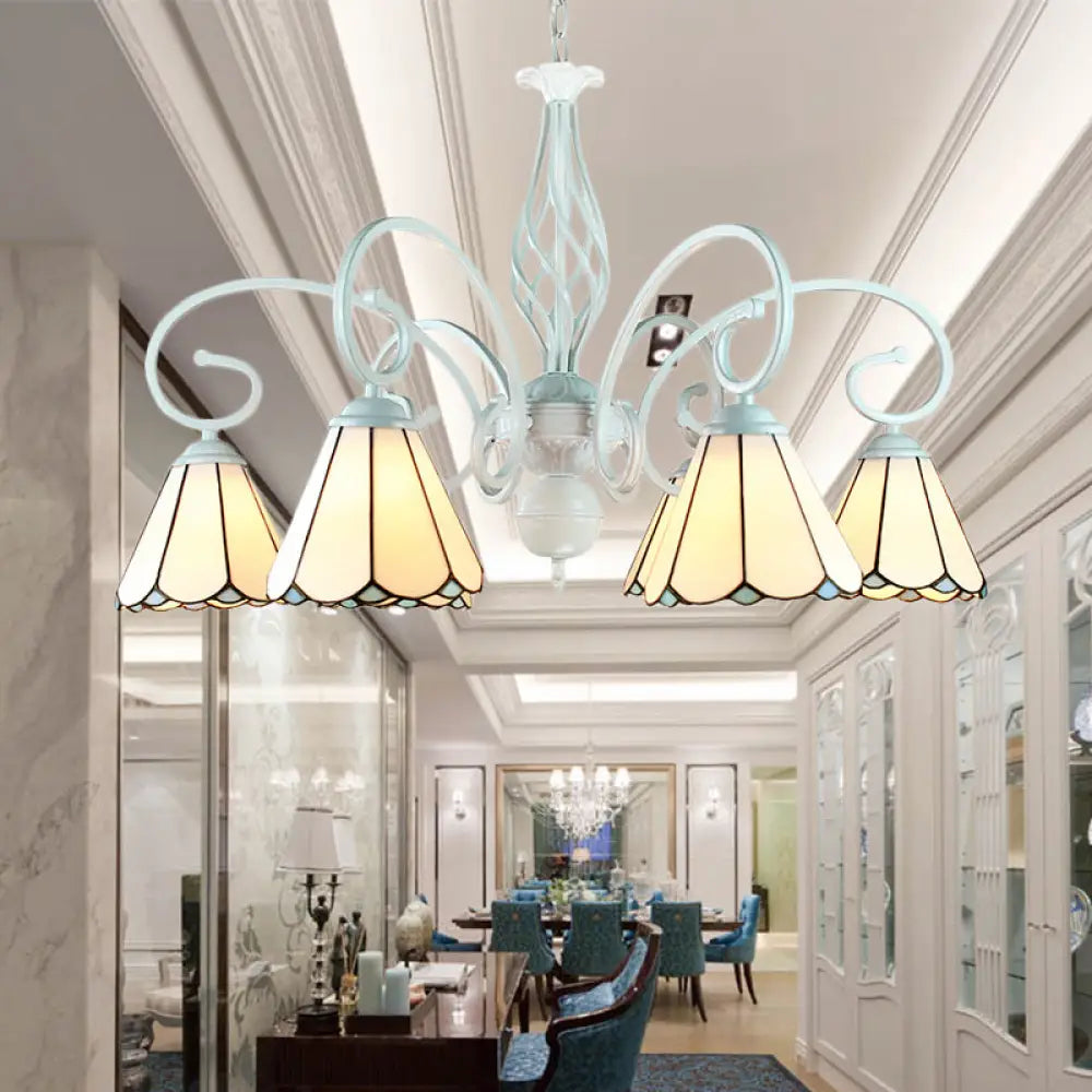 Lámpara de araña colgante cónica ajustable de vitral con cadena metálica - 6/8 luces en blanco - Estilo tradicional