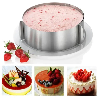 Stainless steel round cake pan with two side handles for decorbites adjustable stainless steel cake slicer use