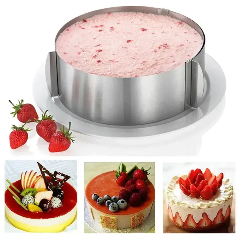 Stainless steel round cake pan with two side handles for decorbites adjustable stainless steel cake slicer use