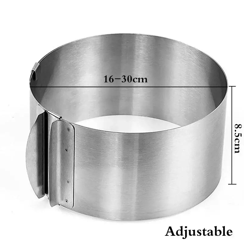 Adjustable stainless steel mousse ring round with brushed finish designed as a cake slicer for baking use