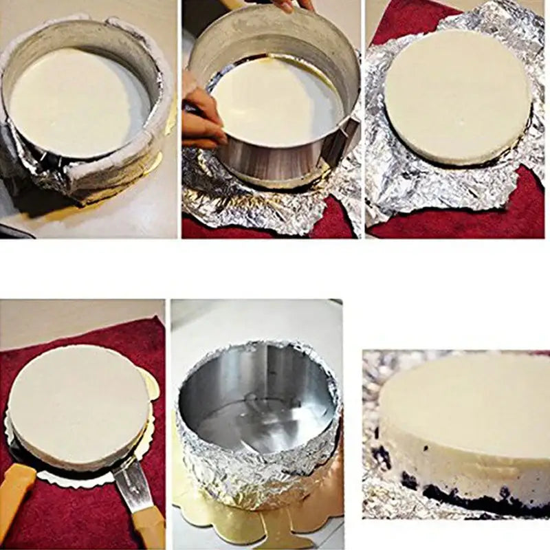 Adjustable stainless steel mousse ring round cake slicer holding a round creamy white cheesecake with dark chocolate crust