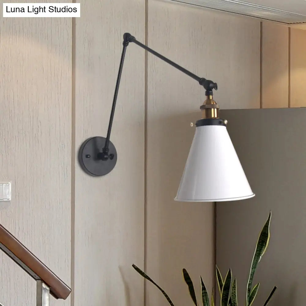 Aplique de pared metálico ajustable estilo loft con forma cónica - Aplique de 1 cabezal en blanco y negro para iluminación de dormitorio