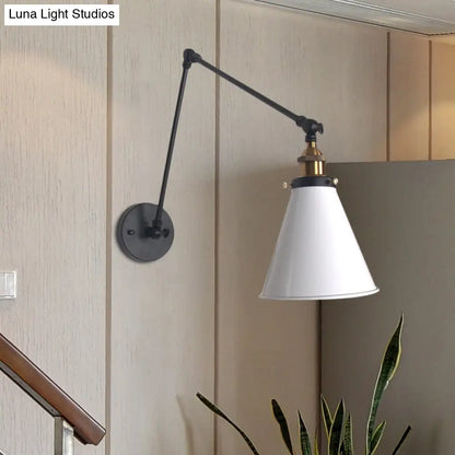 Aplique de pared metálico ajustable estilo loft con forma cónica - Aplique de 1 cabezal en blanco y negro para iluminación de dormitorio