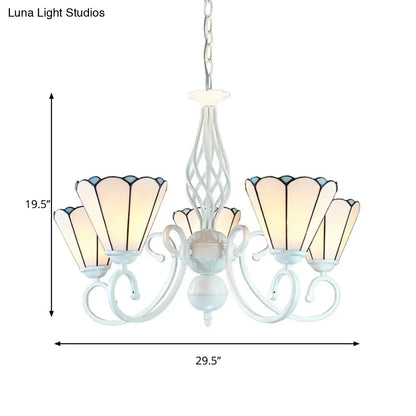 Lámpara de araña ajustable de cristal blanco en forma de cono con 5 luces - Lámpara colgante tradicional para dormitorio