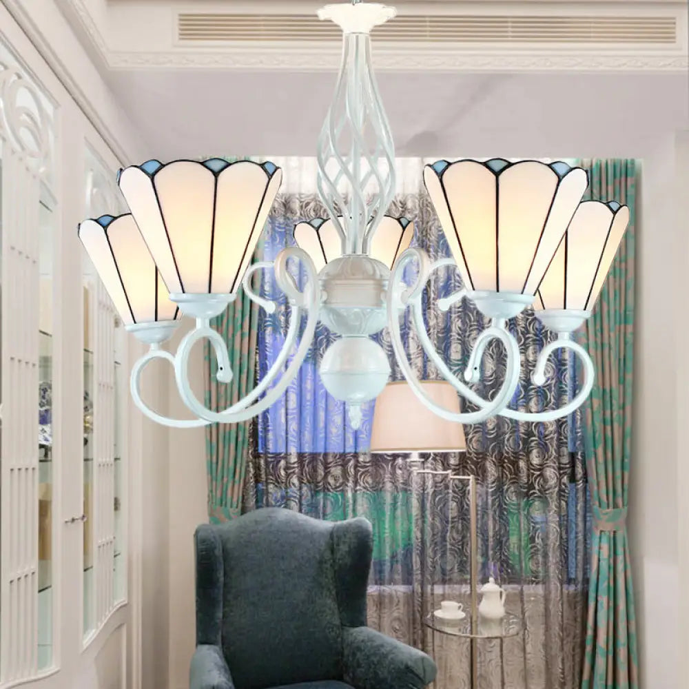 Lámpara de araña ajustable de cristal blanco en forma de cono con 5 luces - Lámpara colgante tradicional para dormitorio