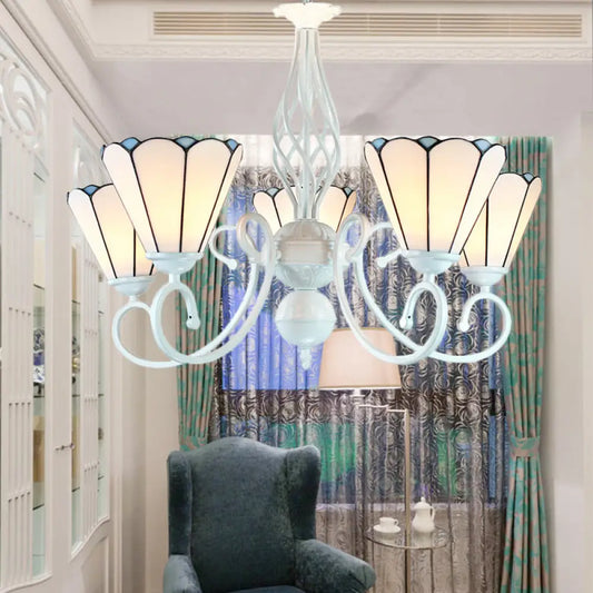 Lámpara de araña ajustable de cristal blanco en forma de cono con 5 luces - Lámpara colgante tradicional para dormitorio