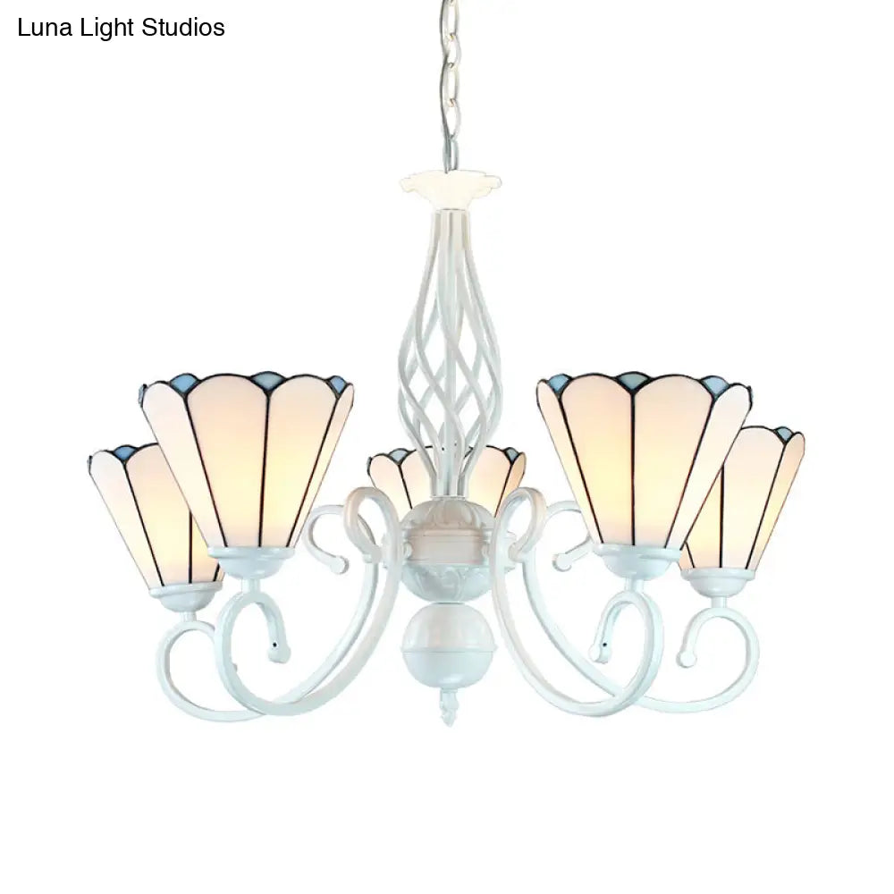 Lámpara de araña ajustable de cristal blanco en forma de cono con 5 luces - Lámpara colgante tradicional para dormitorio