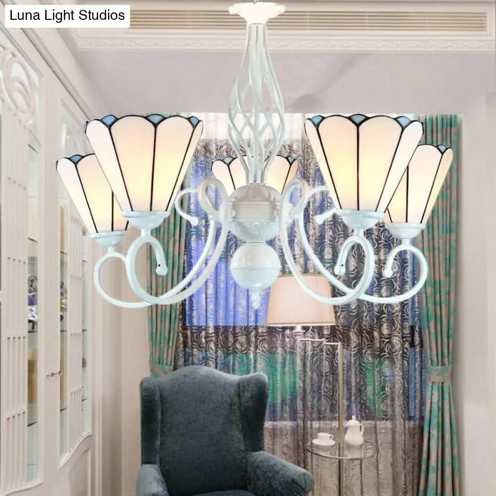 Lámpara de araña ajustable de cristal blanco en forma de cono con 5 luces - Lámpara colgante tradicional para dormitorio