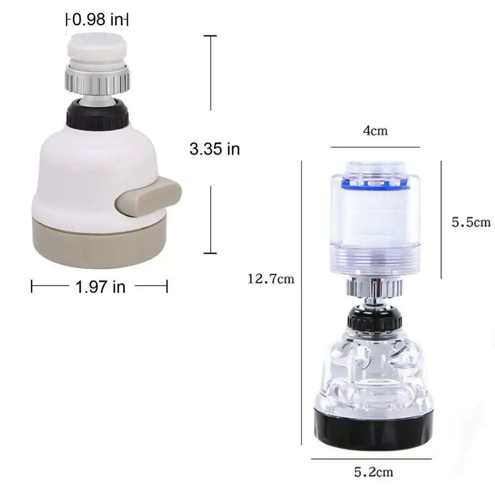 Adjustable white and gray plastic modes faucet aerator with black knob and clear acrylic body featuring blue accents