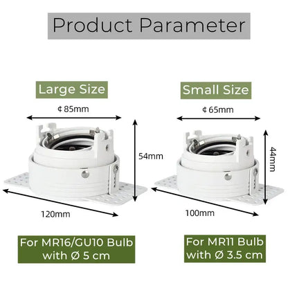 White plastic adjustable recessed led ceiling downlight base with mounting plate for mr16 gu10 or mr11 bulbs