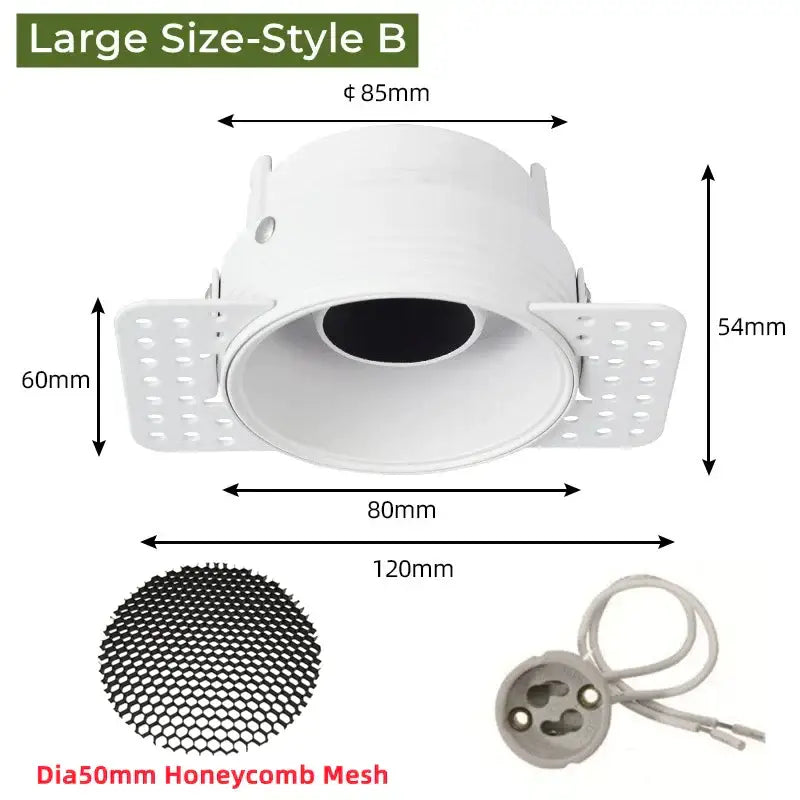 Adjustable white recessed led ceiling downlight with circular perforated plate and black honeycomb mesh insert for living room