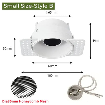Adjustable white recessed led ceiling downlight with circular perforated metal housing and black honeycomb mesh insert