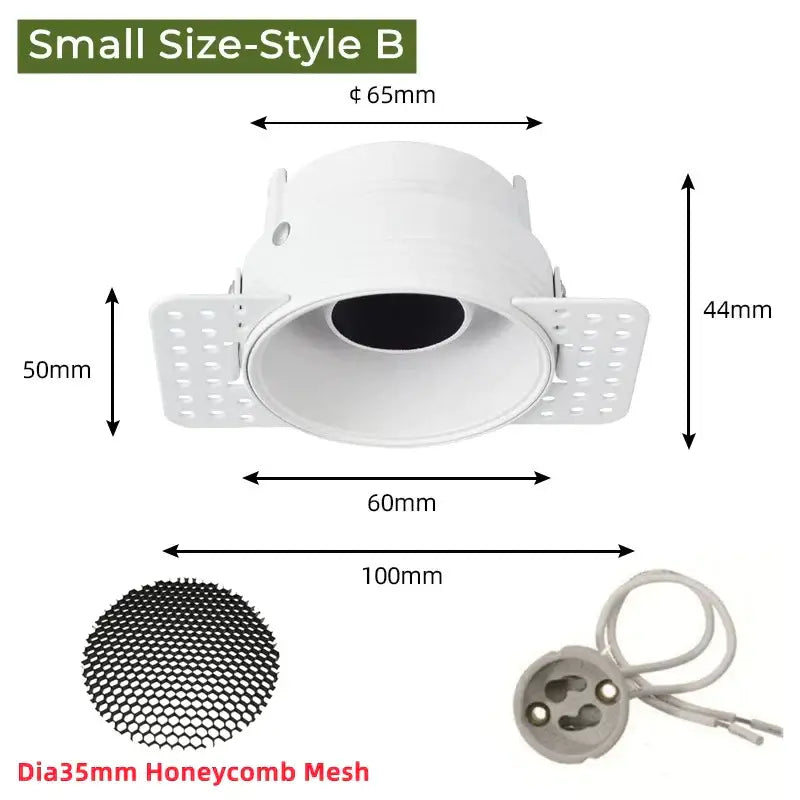 Adjustable white recessed led ceiling downlight with circular perforated metal housing and black honeycomb mesh insert