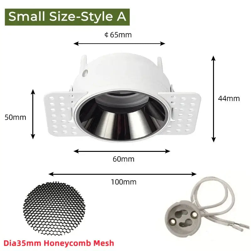 Adjustable white recessed led ceiling downlight with circular metal reflector and perforated mounting flanges for living room