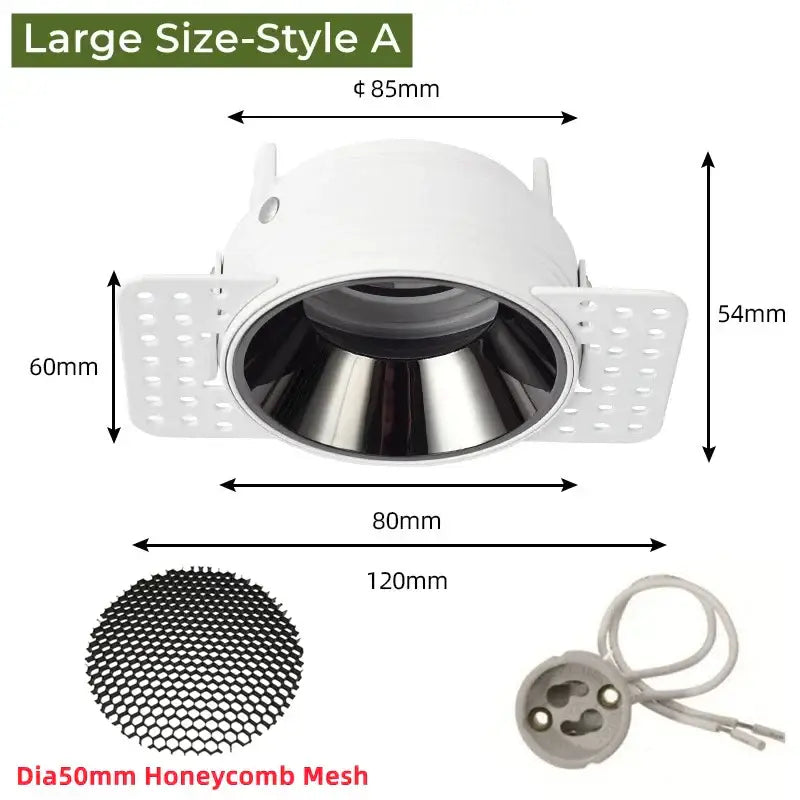 Adjustable white recessed led ceiling downlight with circular metal reflector and perforated side panels for living room