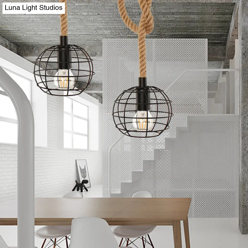 Adjustable Wire Globe Pendant Light with Metal Suspension and Rope in Black - Ideal for Industrial Dining Room Lighting