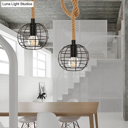 Adjustable Wire Globe Pendant Light with Metal Suspension and Rope in Black - Ideal for Industrial Dining Room Lighting