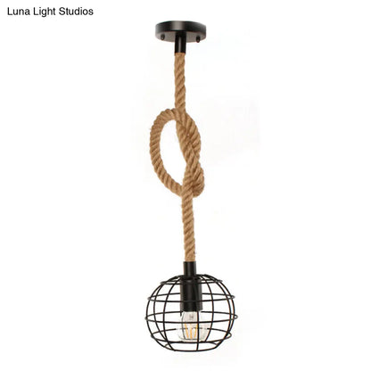 Adjustable Wire Globe Pendant Light with Metal Suspension and Rope in Black - Ideal for Industrial Dining Room Lighting